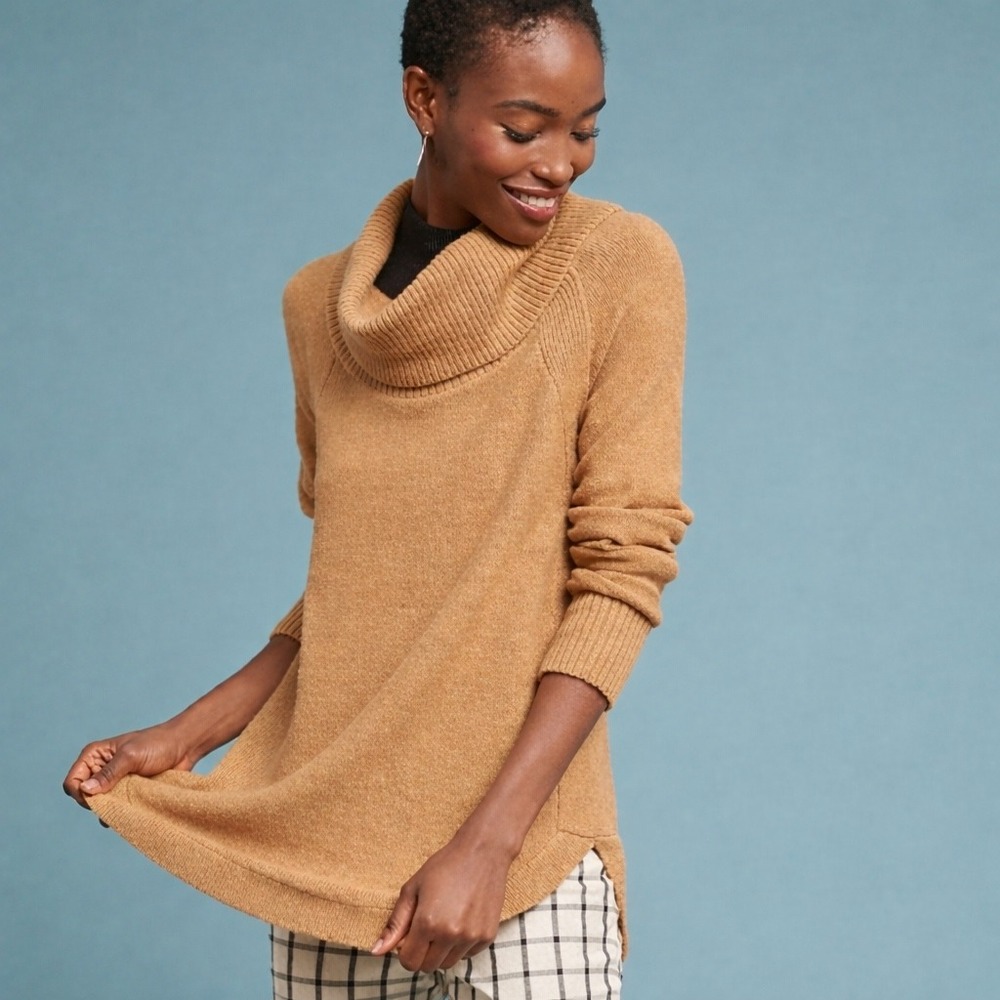 Anthropologie Moth Cozy Knit Cowl Neck Tunic Sweater Camel‎ XS Oversized Camel
